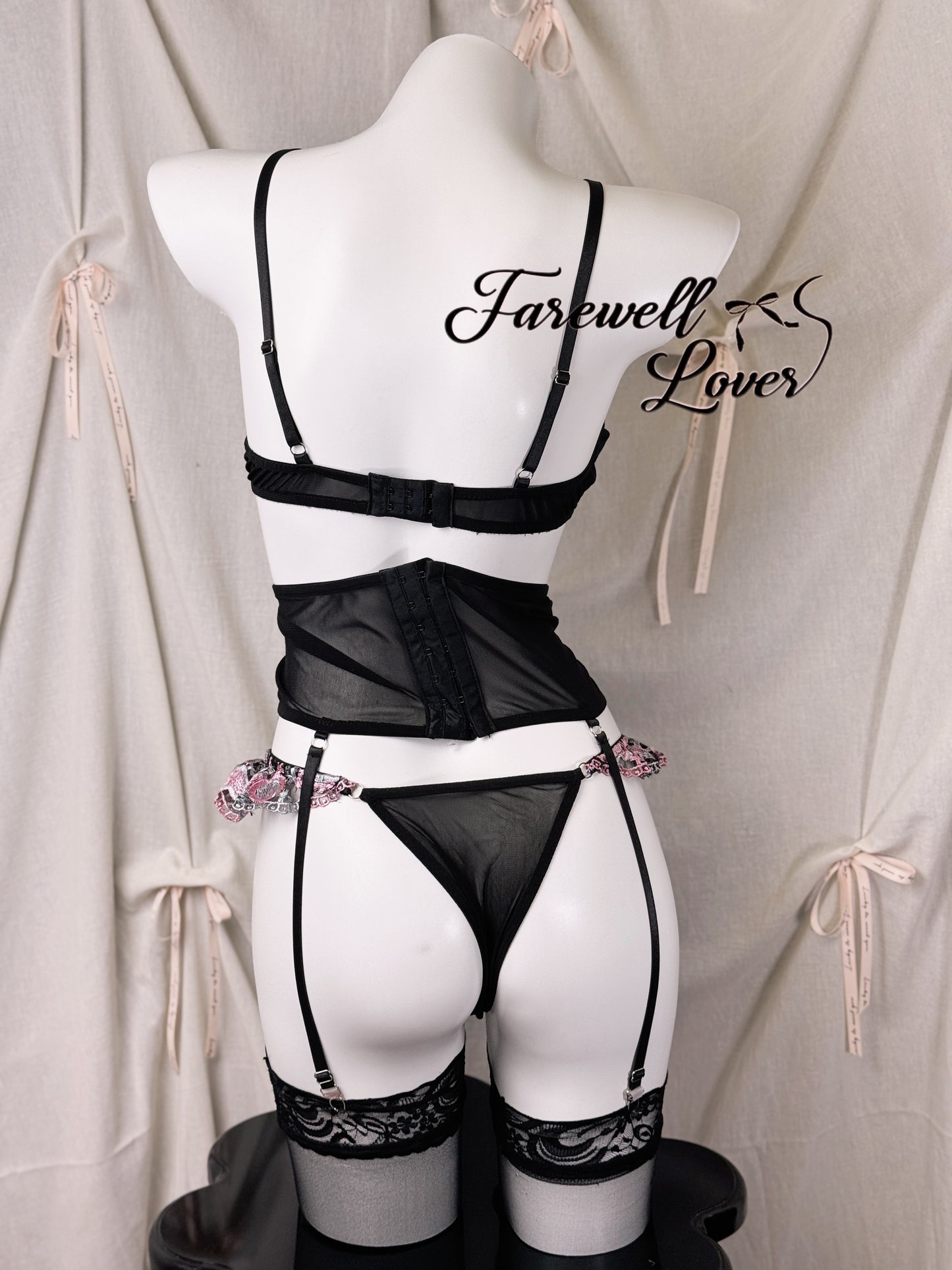 Mystic Blush Embroidered Mesh Three-Piece Lingerie Set