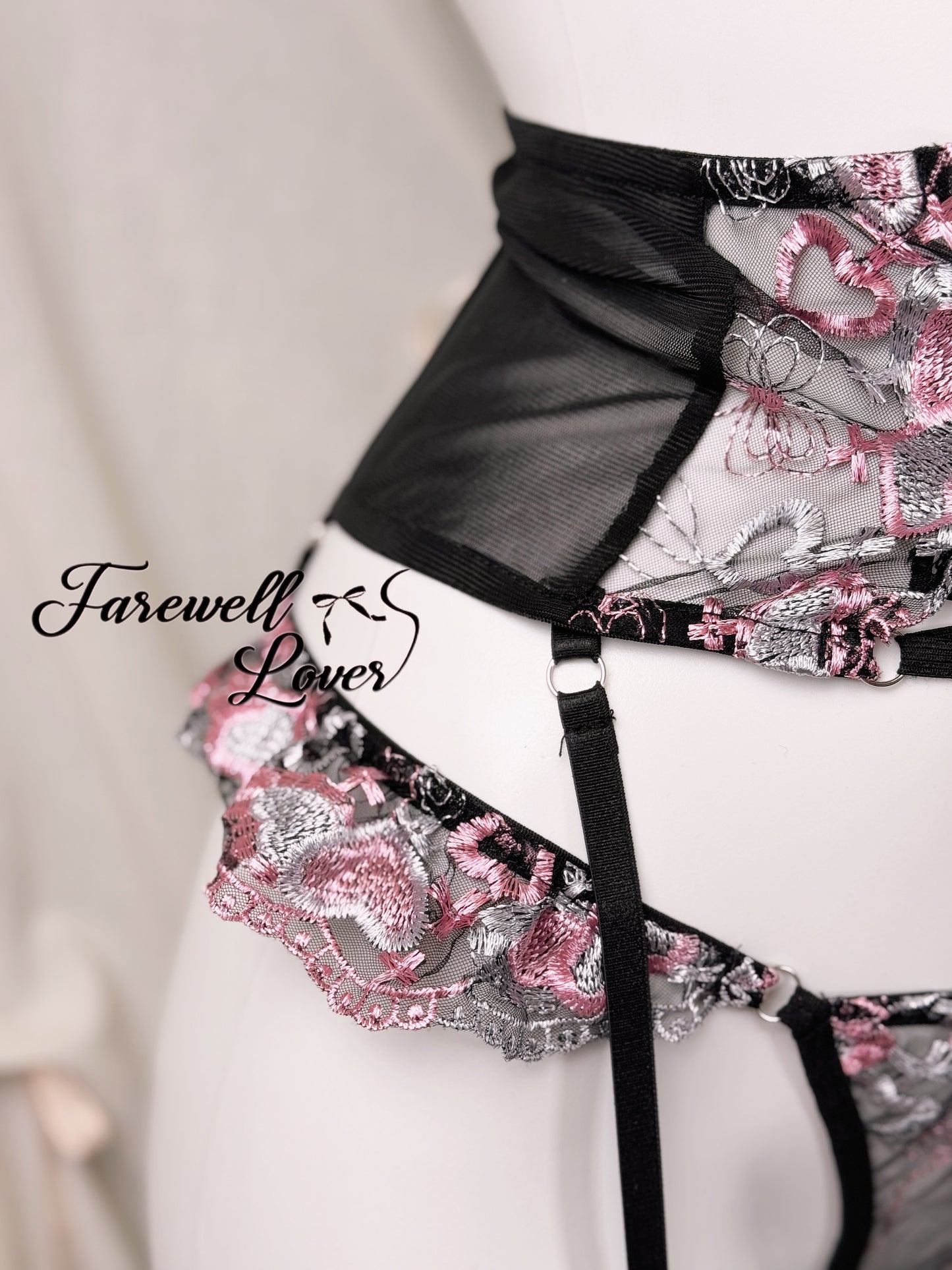 Mystic Blush Embroidered Mesh Three-Piece Lingerie Set