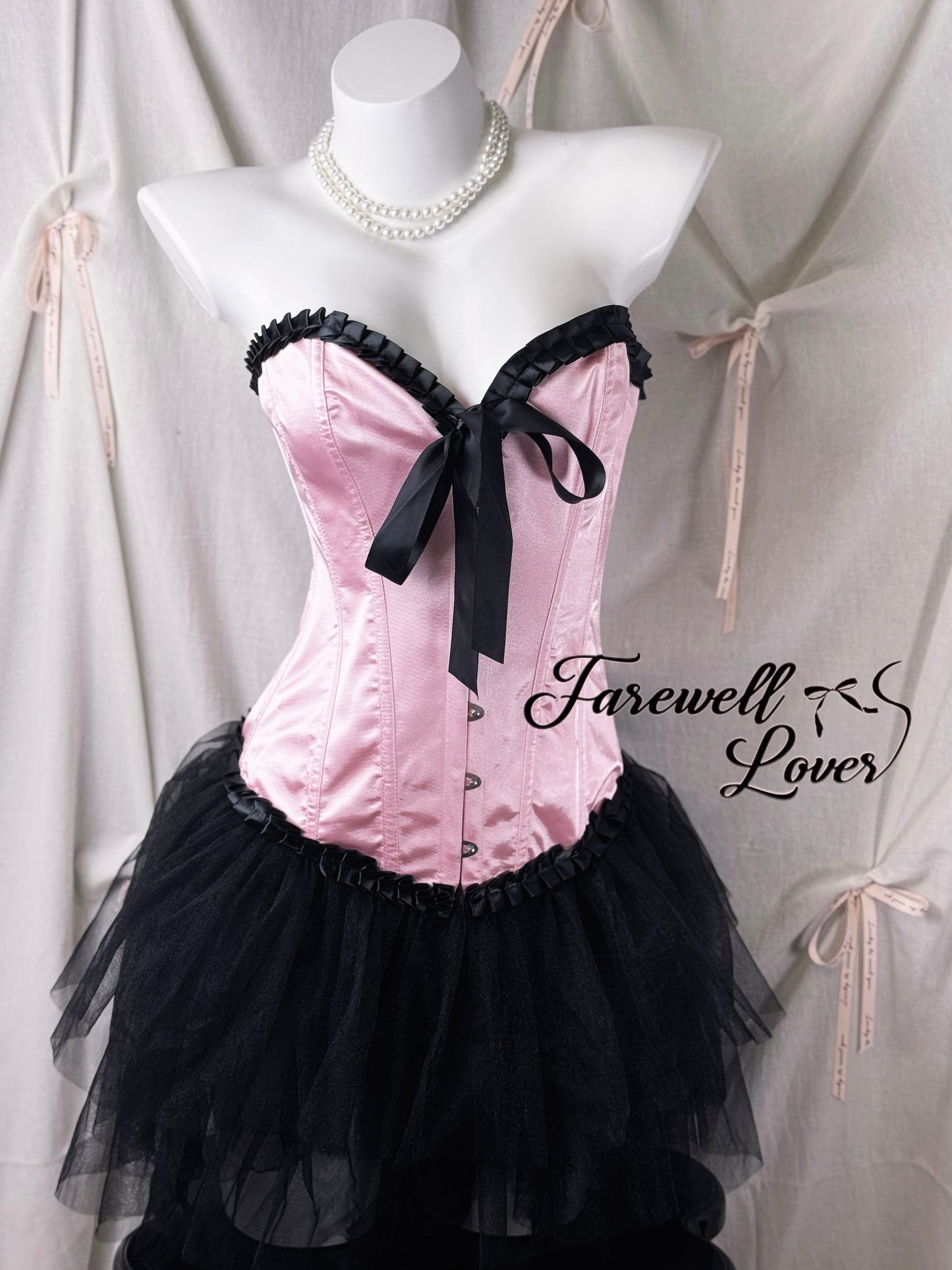 Barbie Girl Satin Ribbon Corset and Mesh Ruffle Layered Mini Skirt Set