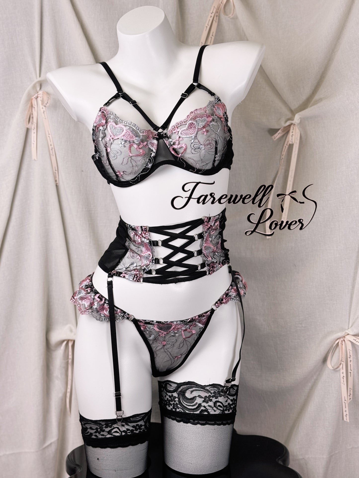 Mystic Blush Embroidered Mesh Three-Piece Lingerie Set