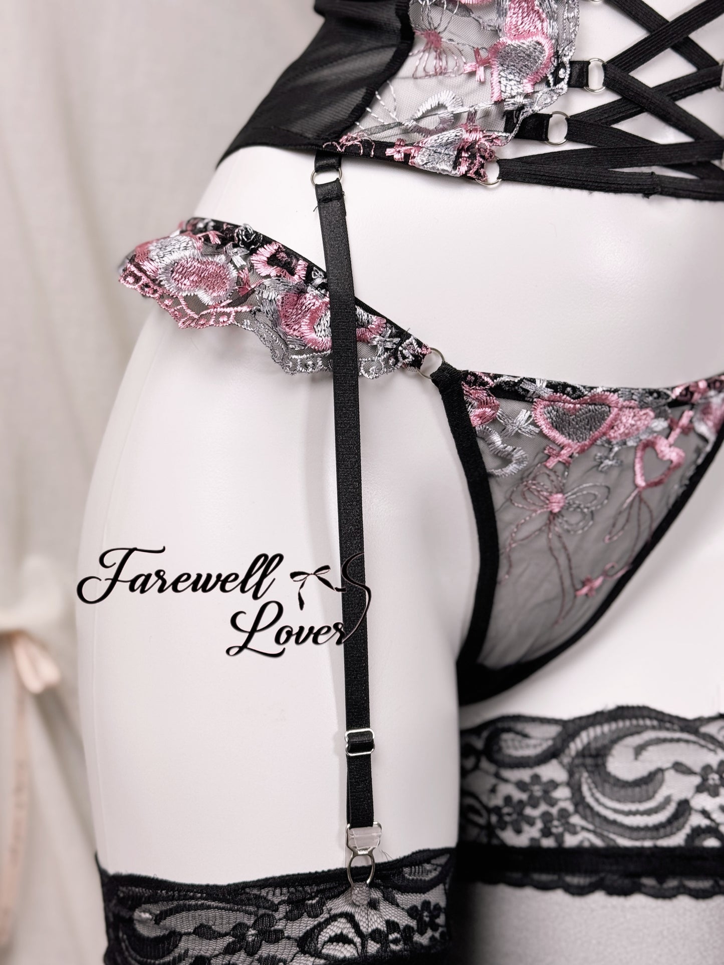 Mystic Blush Embroidered Mesh Three-Piece Lingerie Set