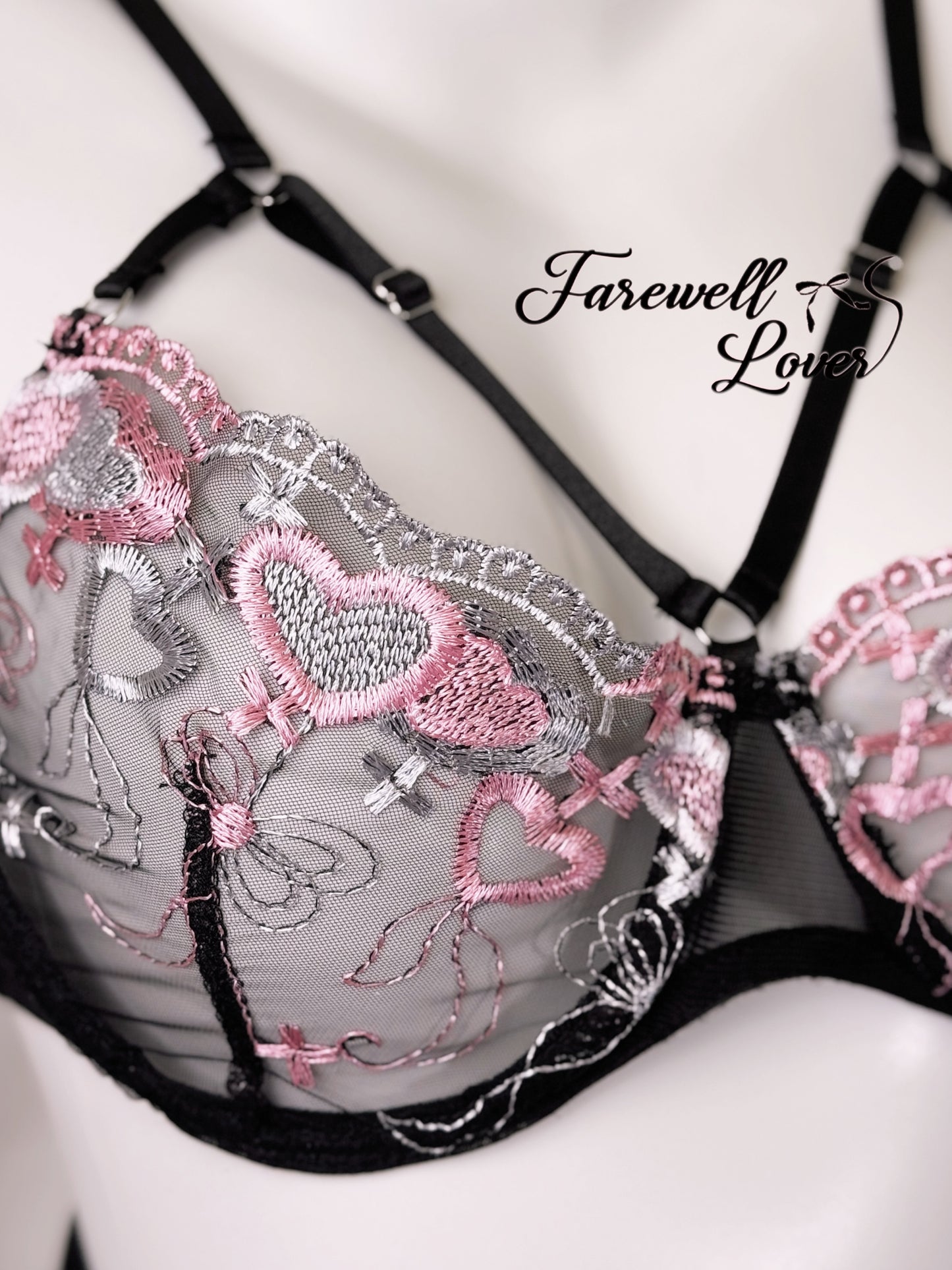 Mystic Blush Embroidered Mesh Three-Piece Lingerie Set