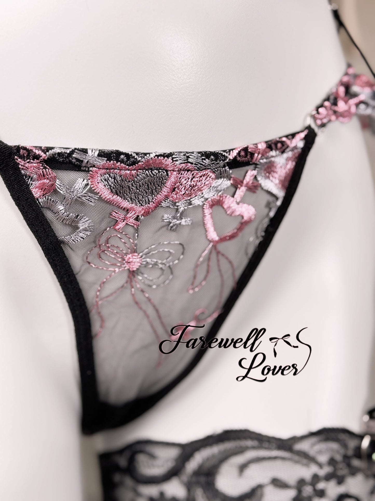 Mystic Blush Embroidered Mesh Three-Piece Lingerie Set