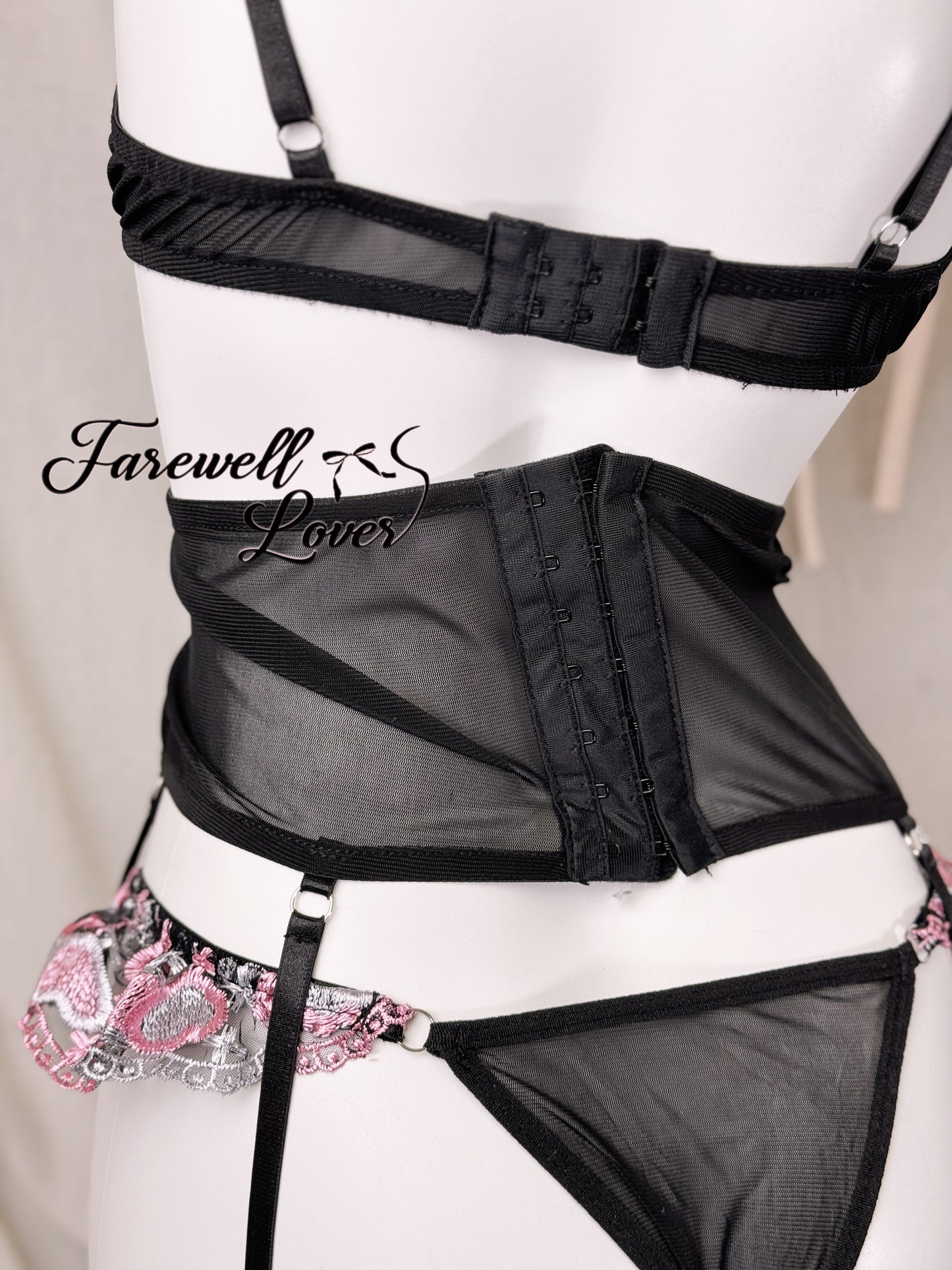 Mystic Blush Embroidered Mesh Three-Piece Lingerie Set