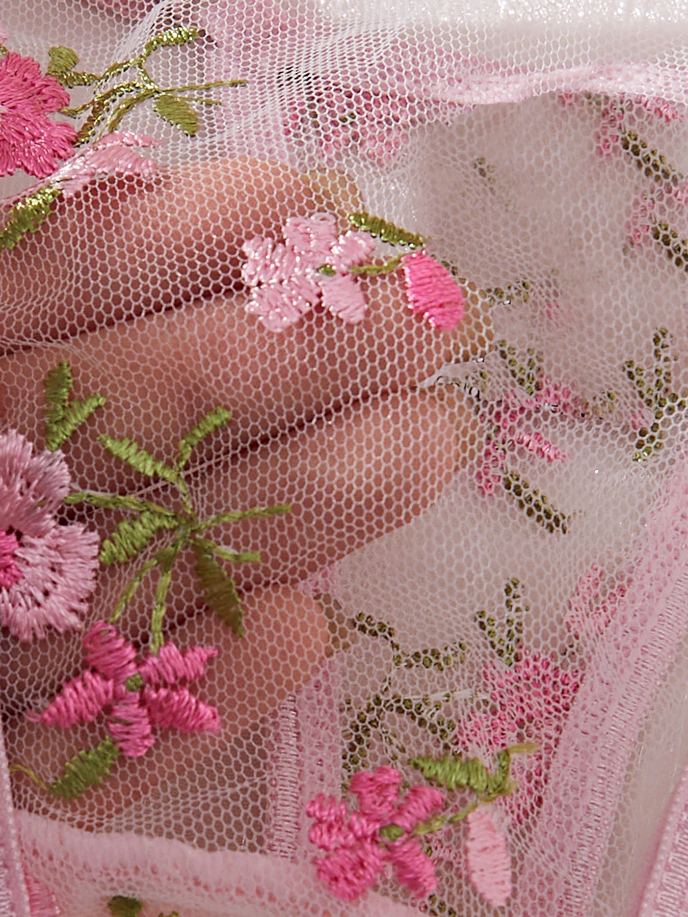 Bloom in Blush Floral Embroidered Mesh Three-Piece Lingerie Set