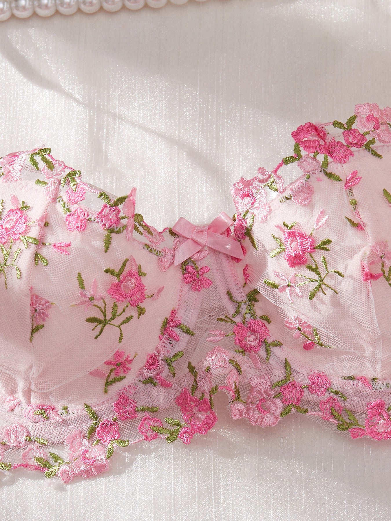Bloom in Blush Floral Embroidered Mesh Three-Piece Lingerie Set