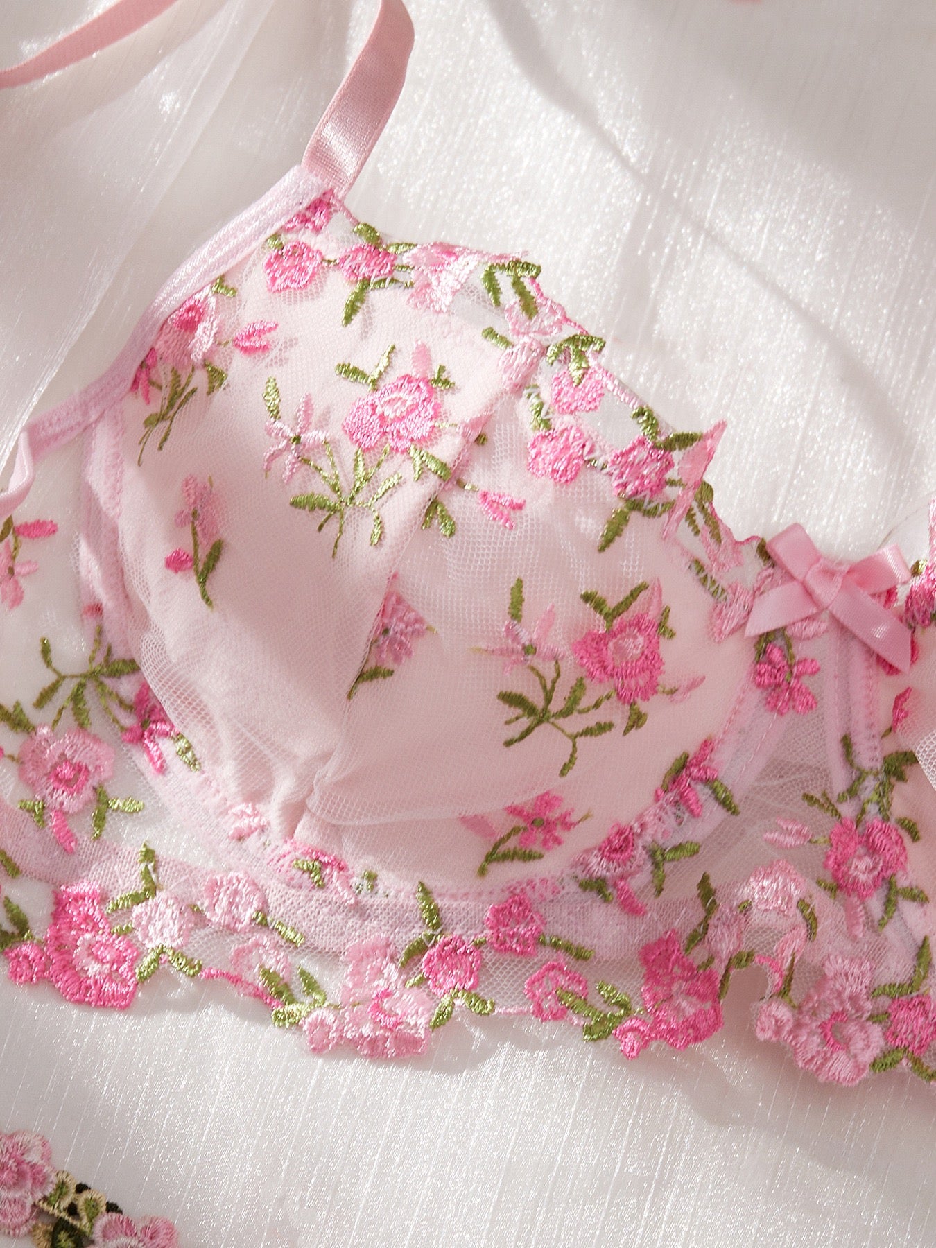 Bloom in Blush Floral Embroidered Mesh Three-Piece Lingerie Set