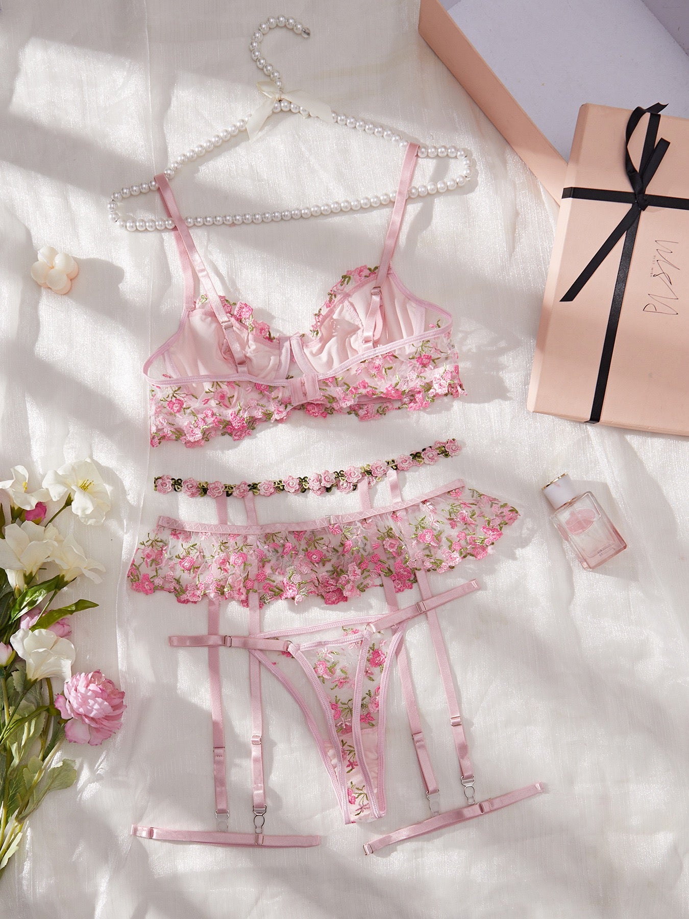 Bloom in Blush Floral Embroidered Mesh Three-Piece Lingerie Set