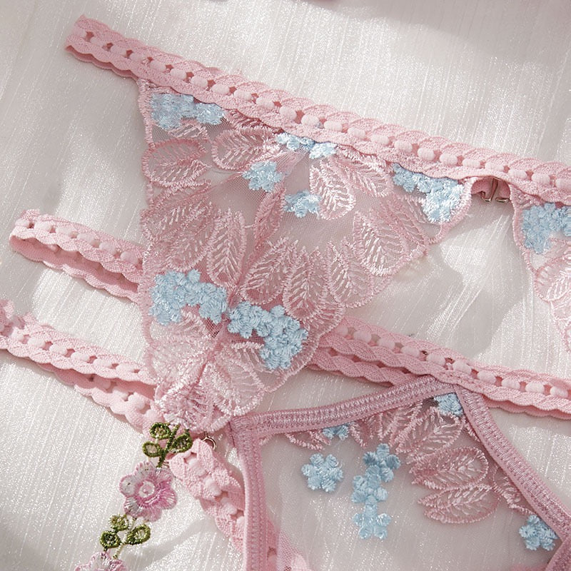 Angelic Roses Floral Embroidered Mesh Three-Piece Lingerie Set