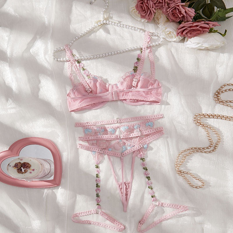 Angelic Roses Floral Embroidered Mesh Three-Piece Lingerie Set
