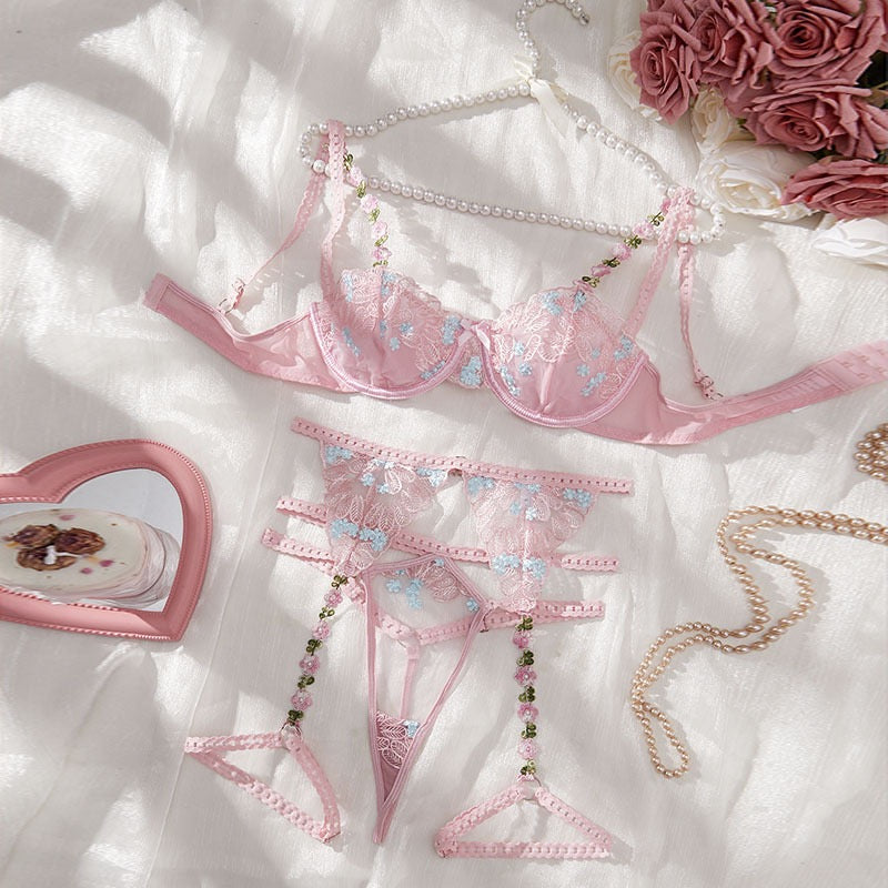 Angelic Roses Floral Embroidered Mesh Three-Piece Lingerie Set