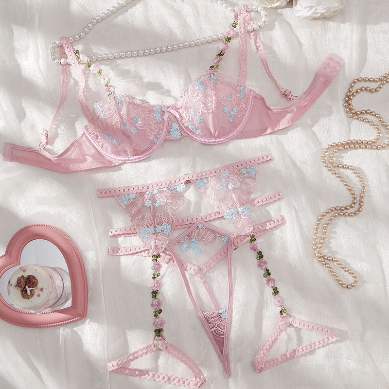 Angelic Roses Floral Embroidered Mesh Three-Piece Lingerie Set