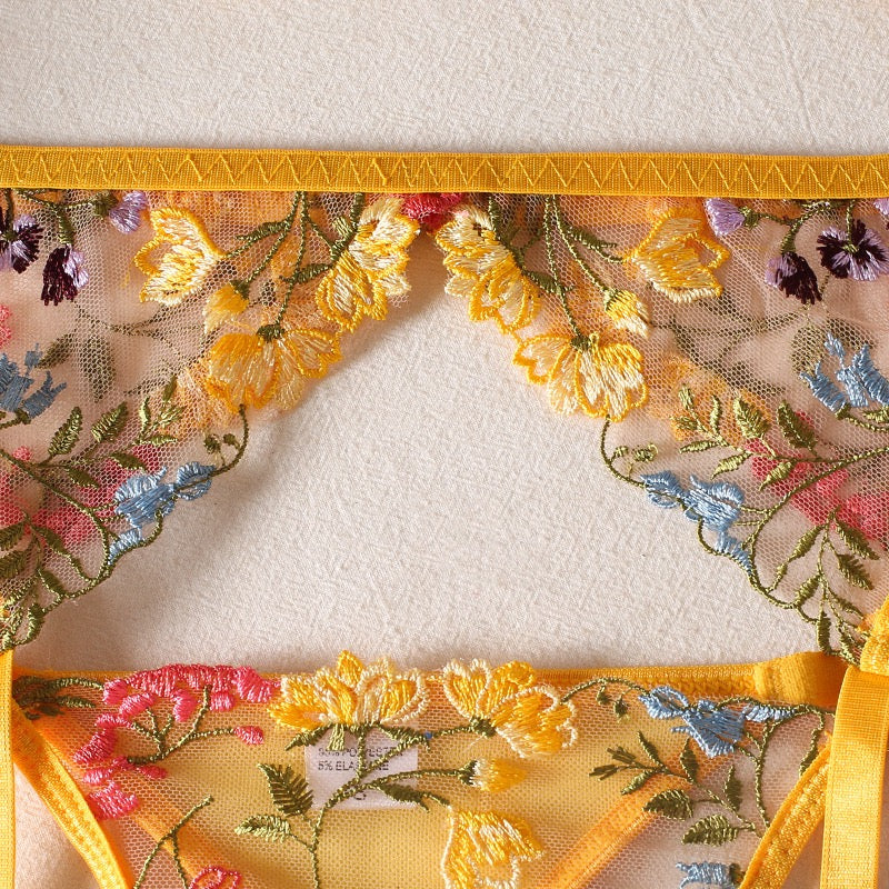 Secret Garden Floral Embroidered Mesh Three-Piece Lingerie Set