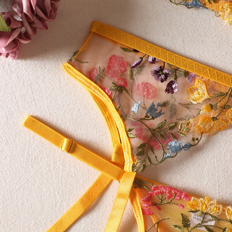 Secret Garden Floral Embroidered Mesh Three-Piece Lingerie Set