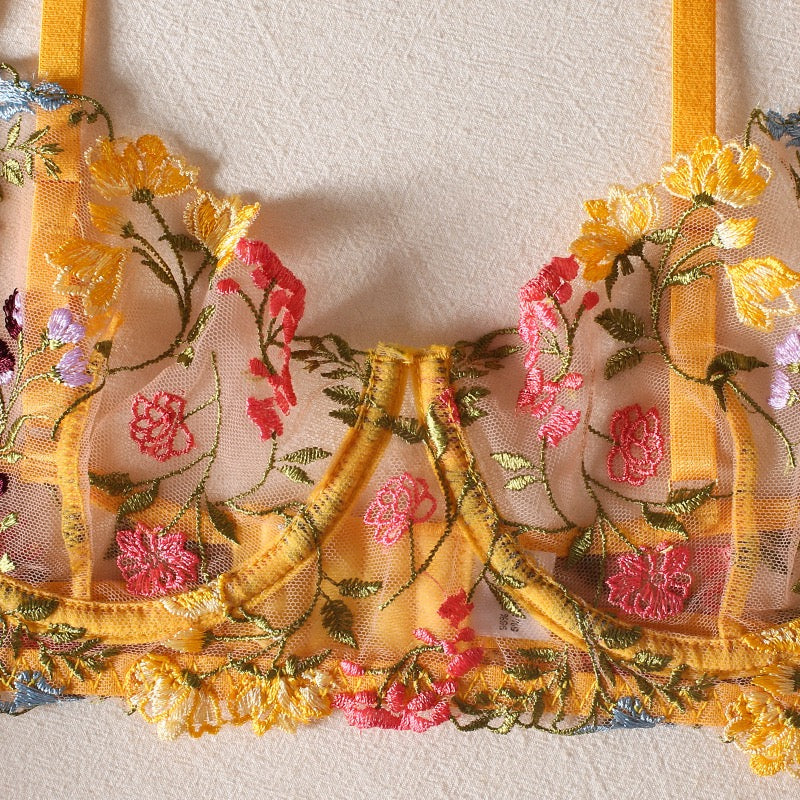 Secret Garden Floral Embroidered Mesh Three-Piece Lingerie Set