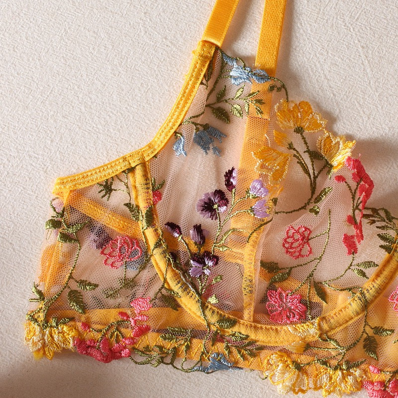 Secret Garden Floral Embroidered Mesh Three-Piece Lingerie Set