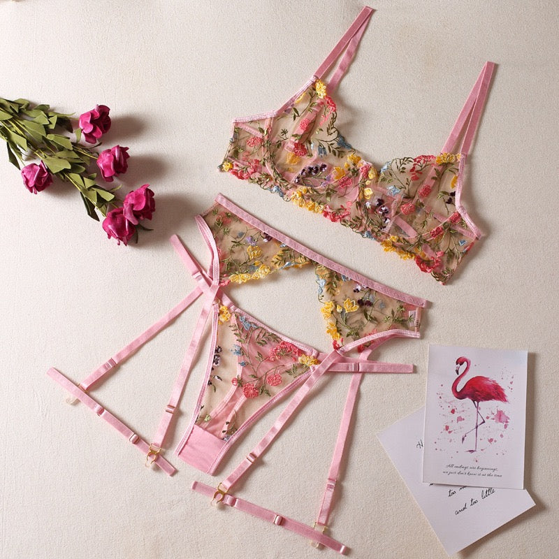 Secret Garden Floral Embroidered Mesh Three-Piece Lingerie Set