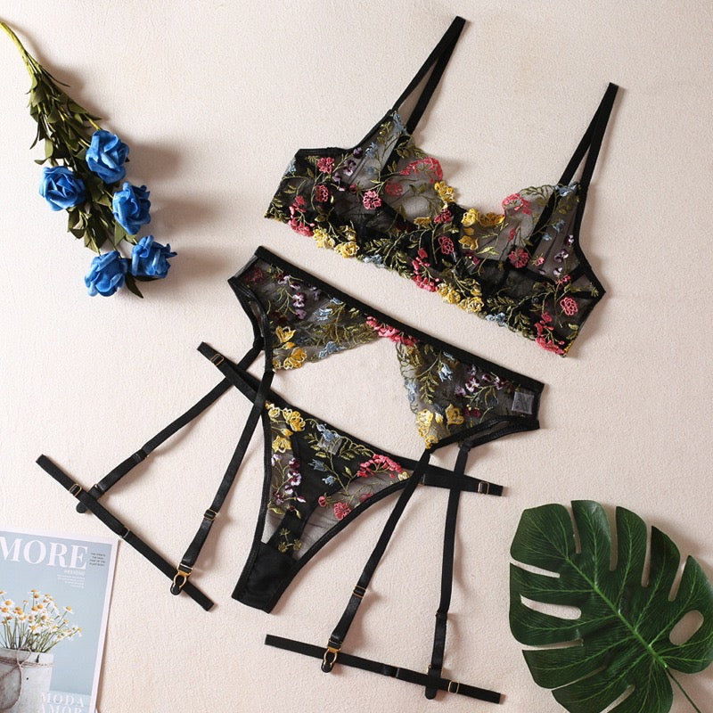 Secret Garden Floral Embroidered Mesh Three-Piece Lingerie Set