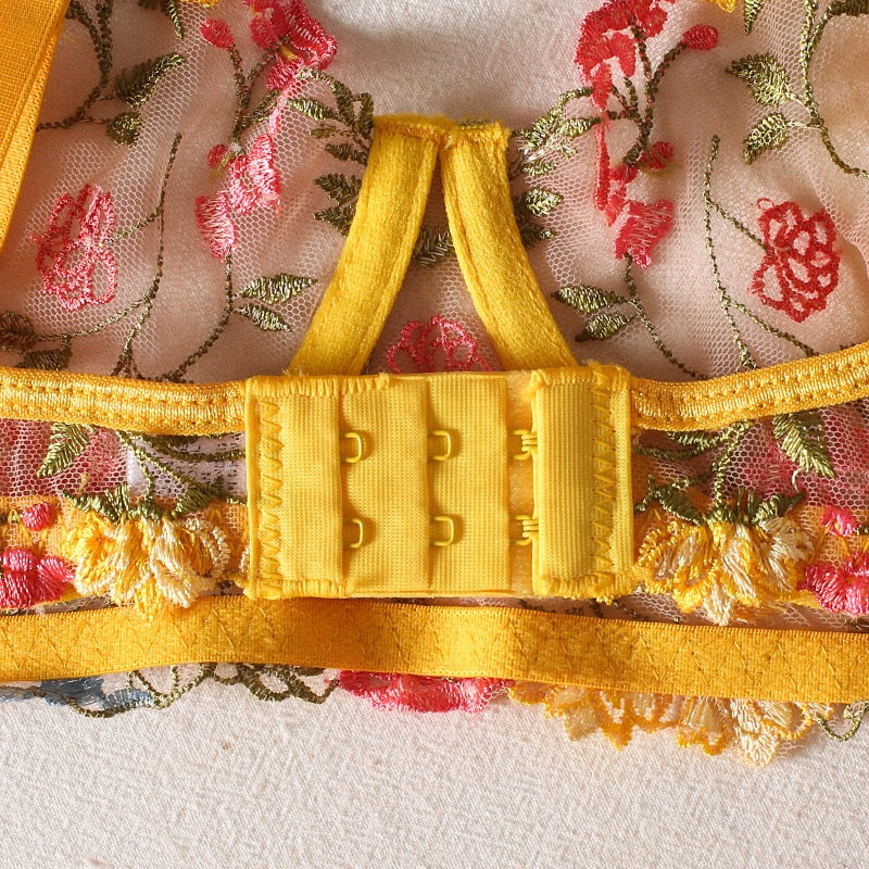 Secret Garden Floral Embroidered Mesh Three-Piece Lingerie Set