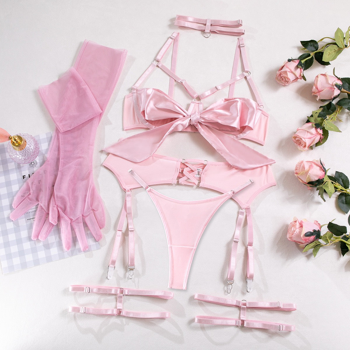 Unwrap Me Ribbon Satin Four-Piece Lingerie Set