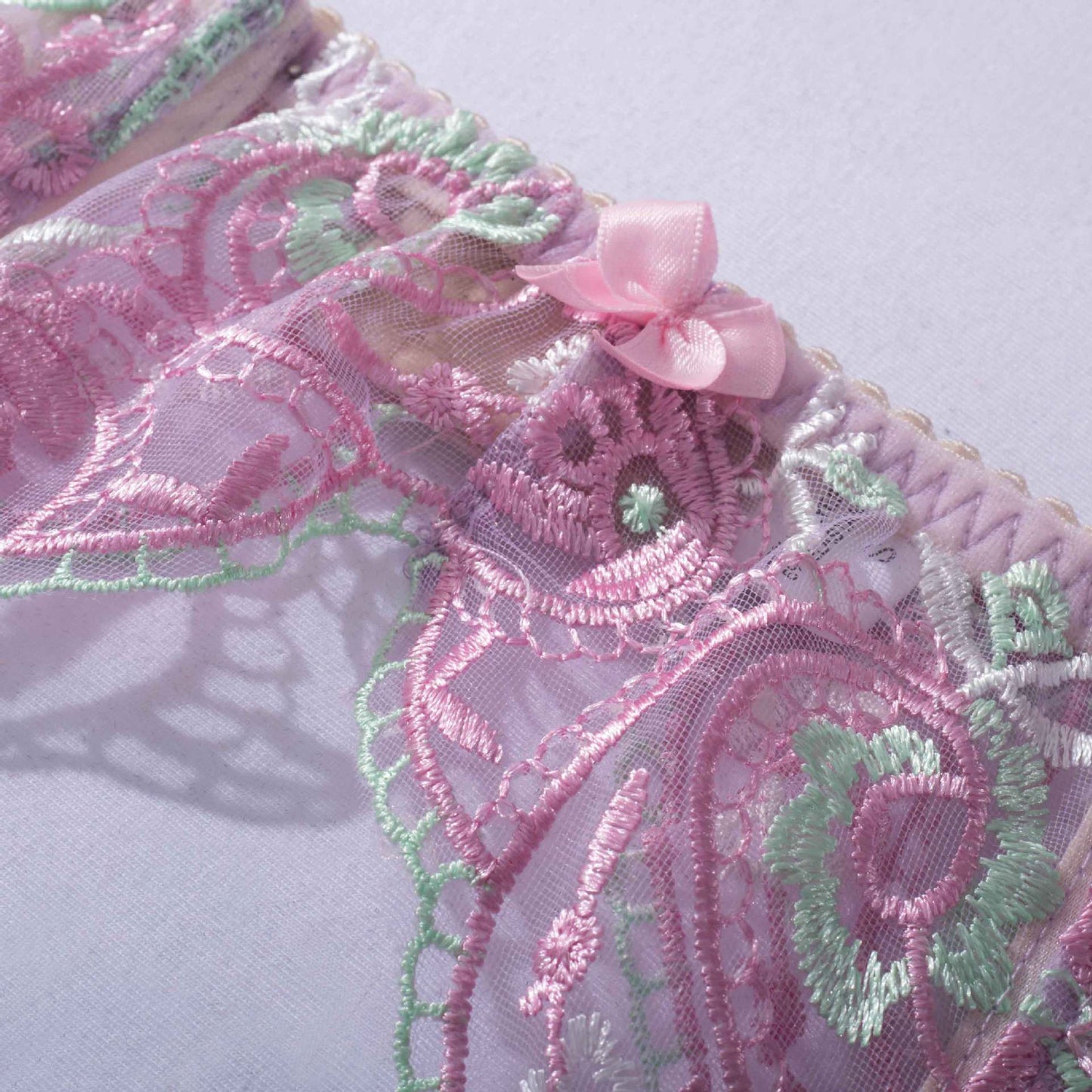 Enchanted Mist Embroidered Mesh Three-Piece Lingerie Set