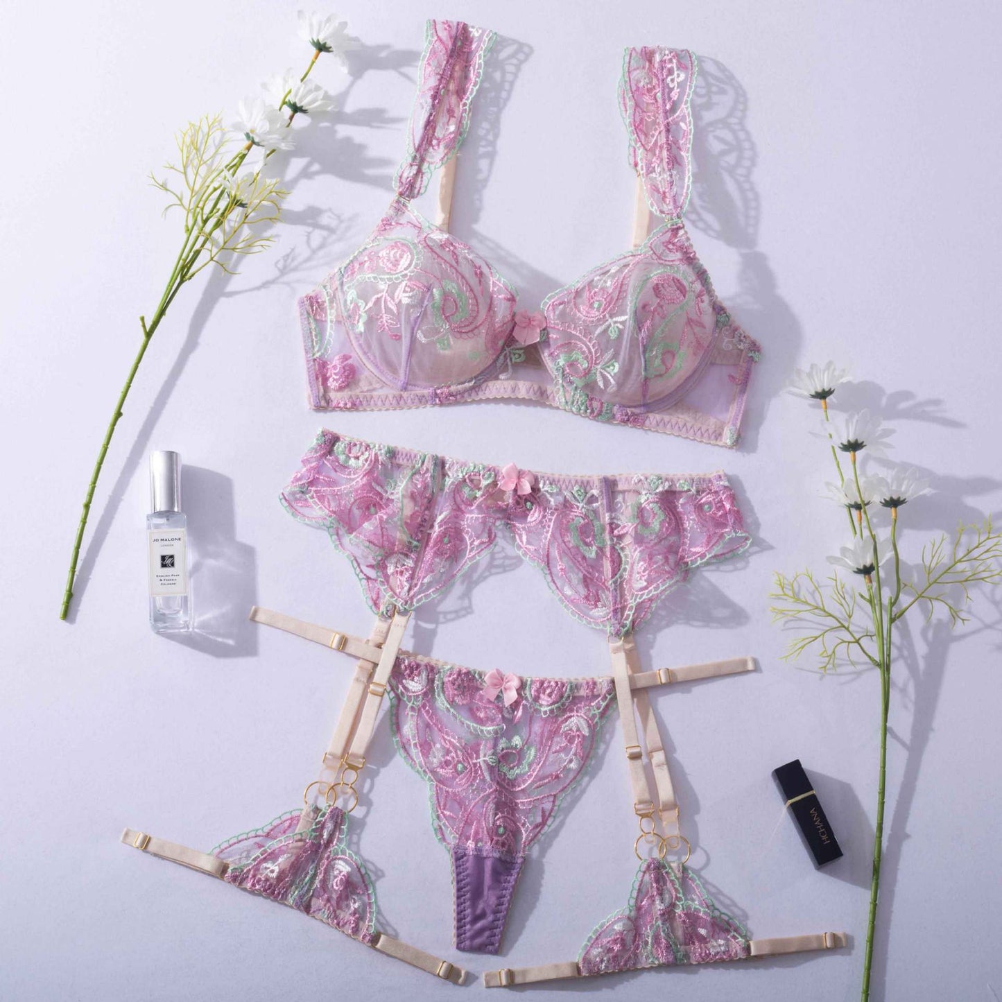 Enchanted Mist Embroidered Mesh Three-Piece Lingerie Set