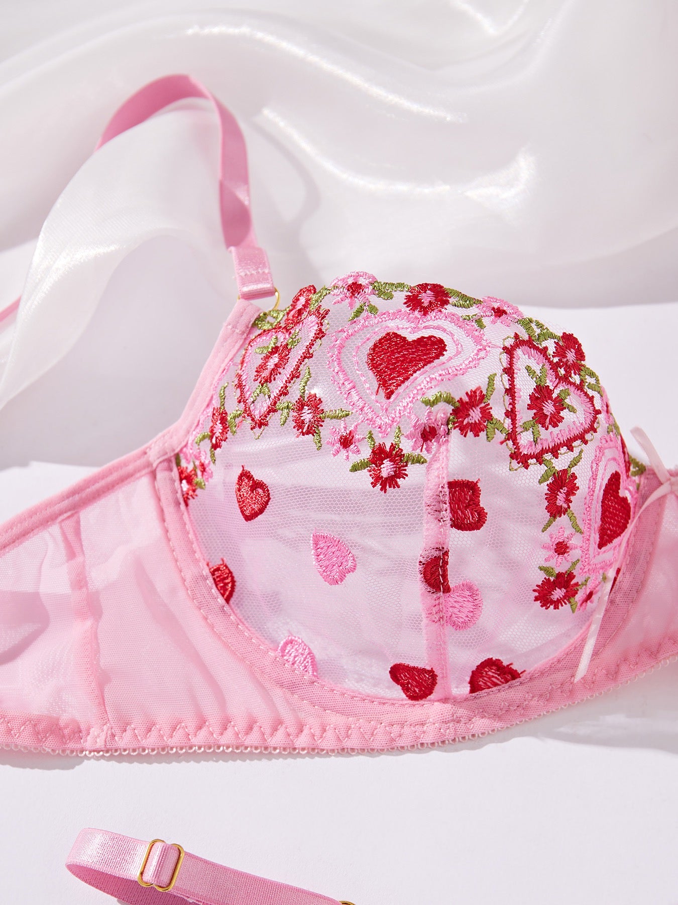Strawberry Slushie Embroidered Mesh Lingerie Set