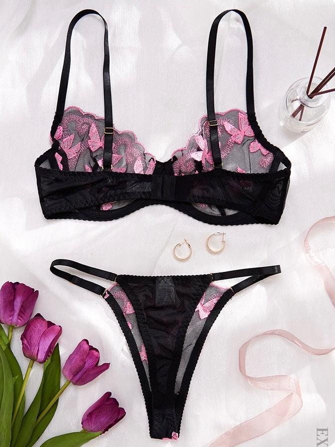 Bows Club Embroidered Mesh Lingerie Set