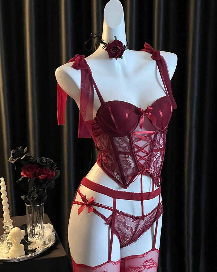 Scarlet Rose Mesh Lace Corset Lingerie Set