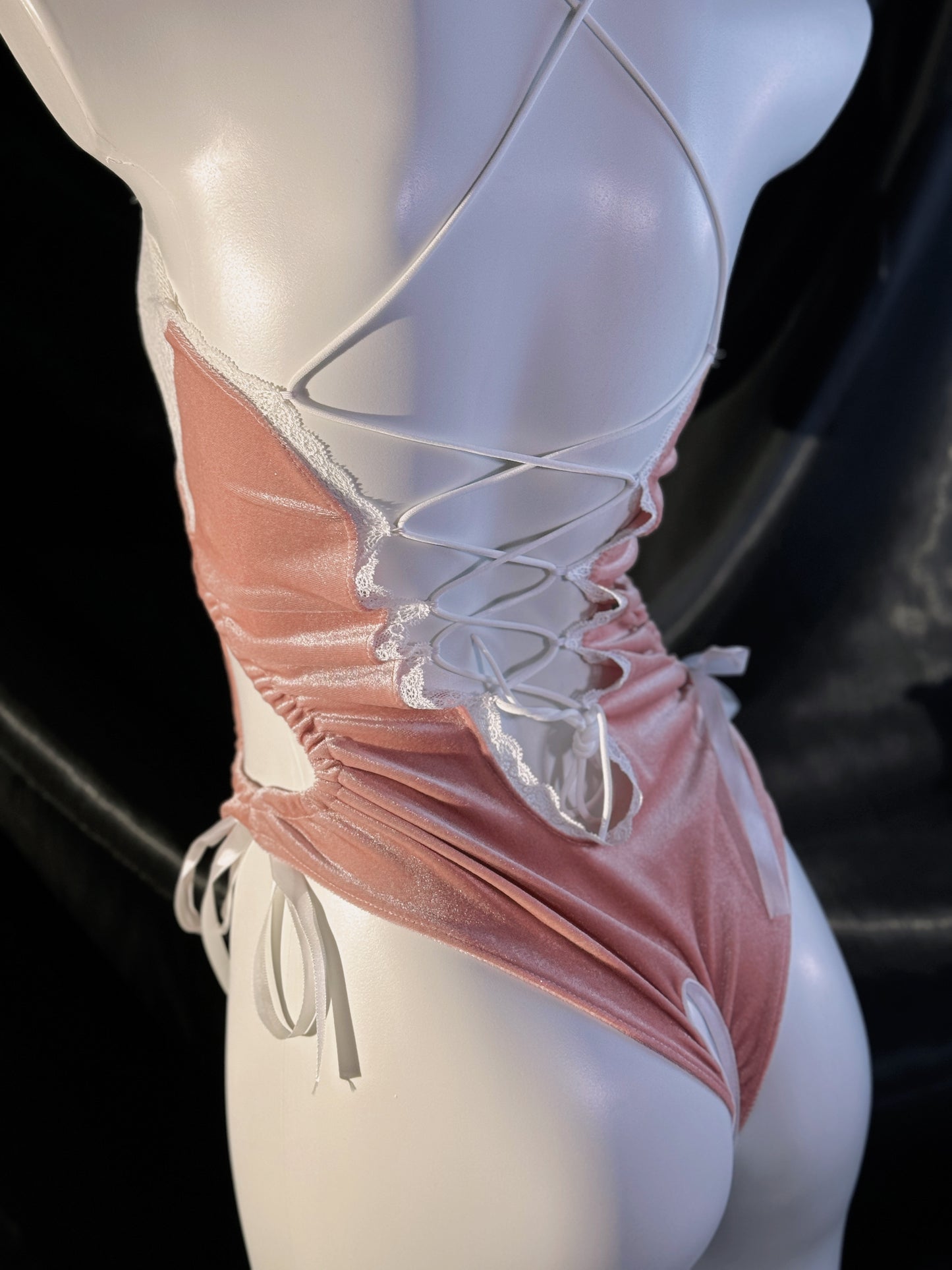 Barbie Doll Pink Bow Ribbon Velvet Crotchless Teddy Lingerie