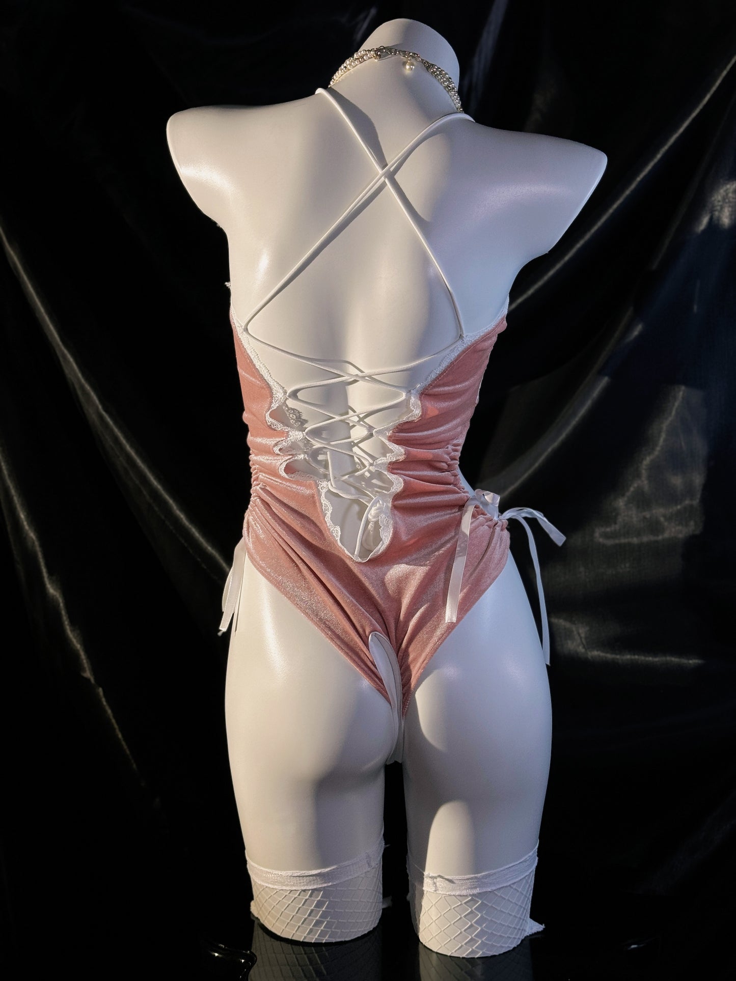 Barbie Doll Pink Bow Ribbon Velvet Crotchless Teddy Lingerie