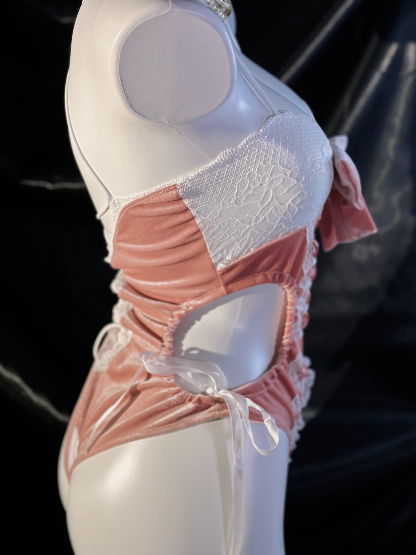 Barbie Doll Pink Bow Ribbon Velvet Crotchless Teddy Lingerie