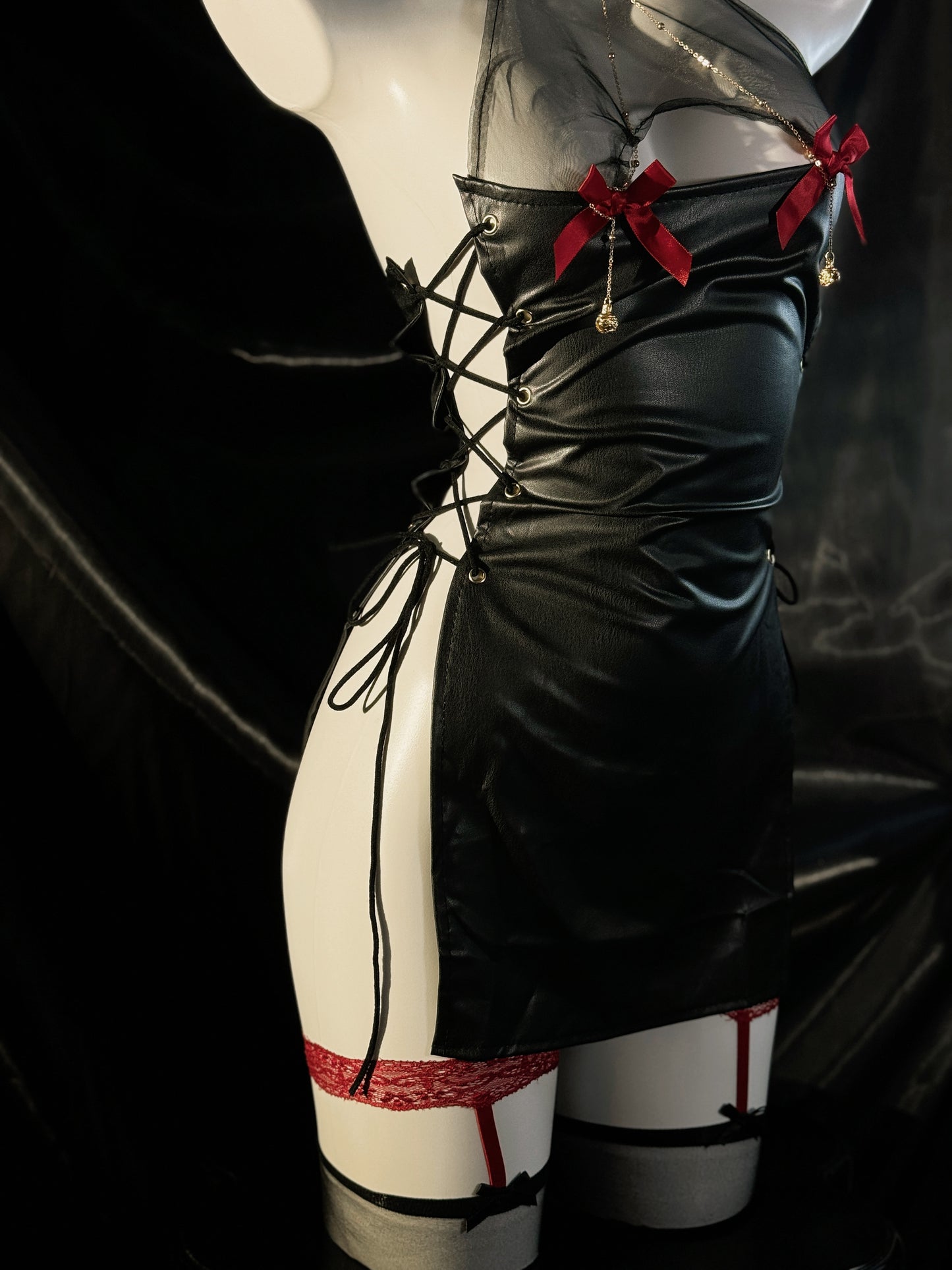 Naughty Hottie Faux Leather Mesh Bow Cutout Halter Slip Costume Lingerie