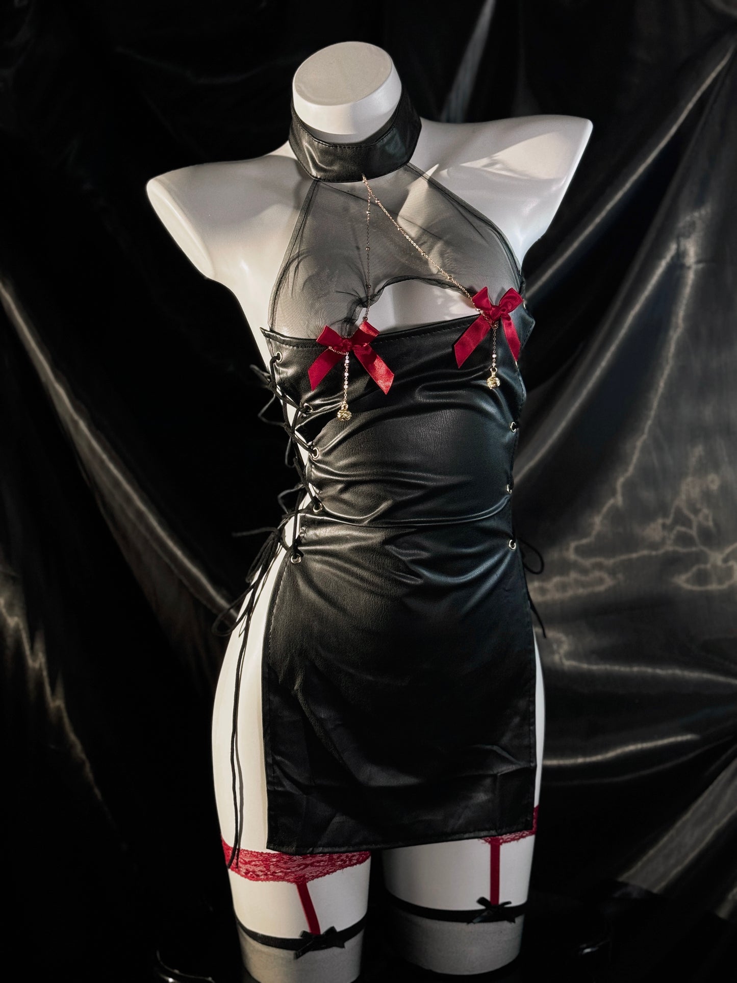 Naughty Hottie Faux Leather Mesh Bow Cutout Halter Slip Costume Lingerie