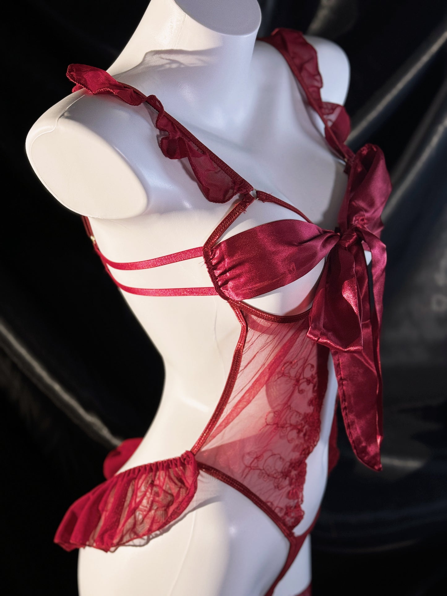 Petal of Roses Stain Bow Lace Cutout Crotchless Teddy Lingerie