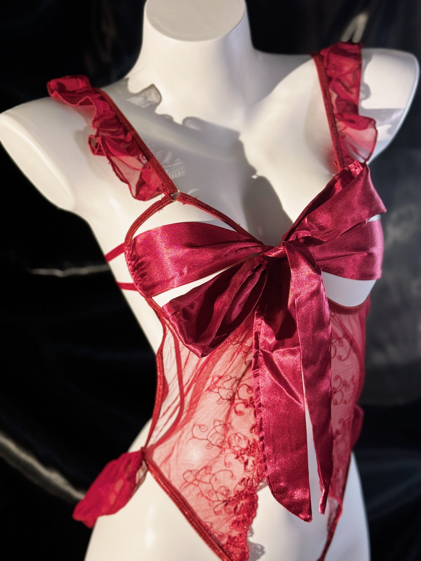 Petal of Roses Stain Bow Lace Cutout Crotchless Teddy Lingerie