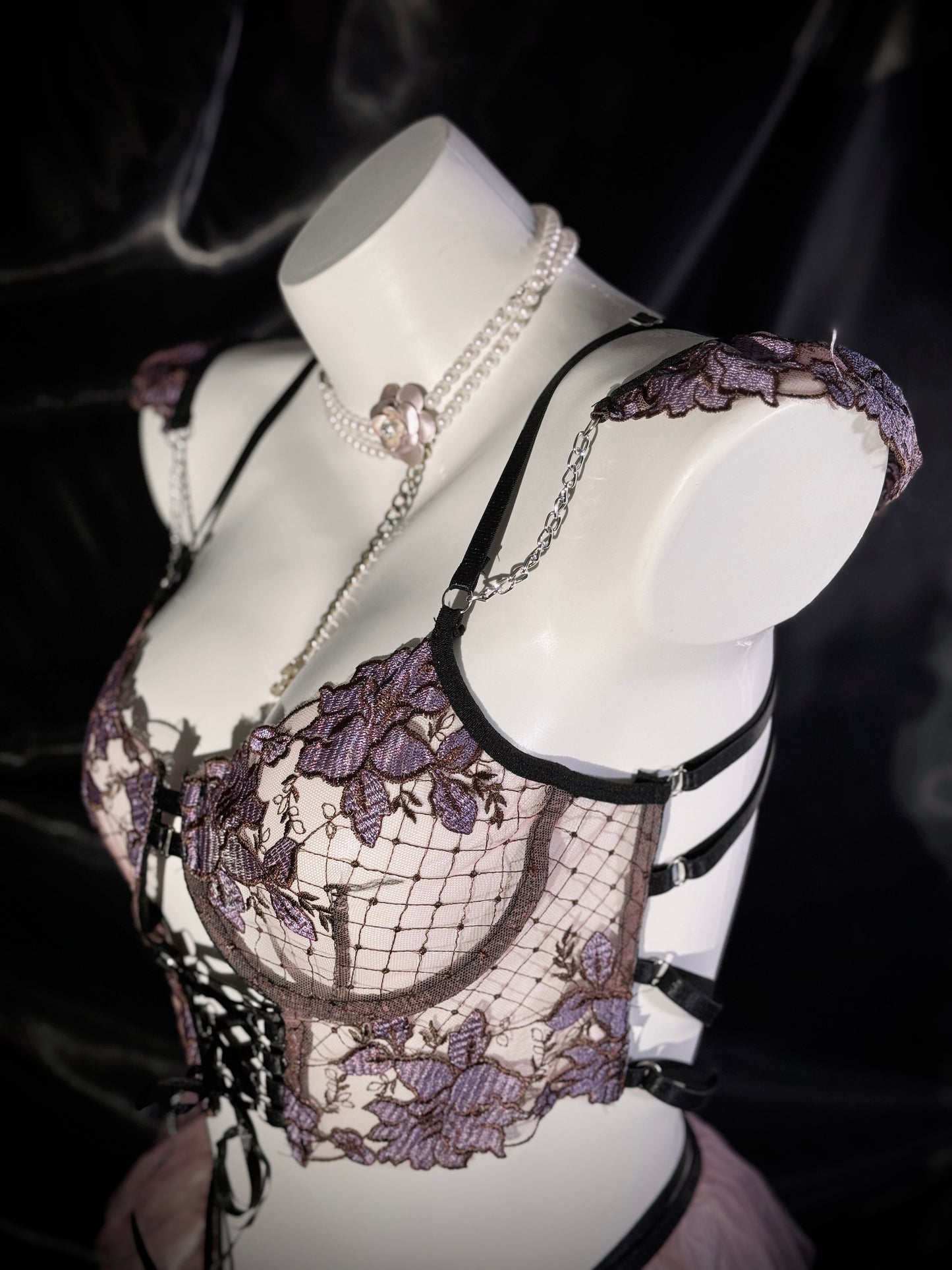 Purple Bouquet Embroidered Mesh Three-Piece Lingerie Set