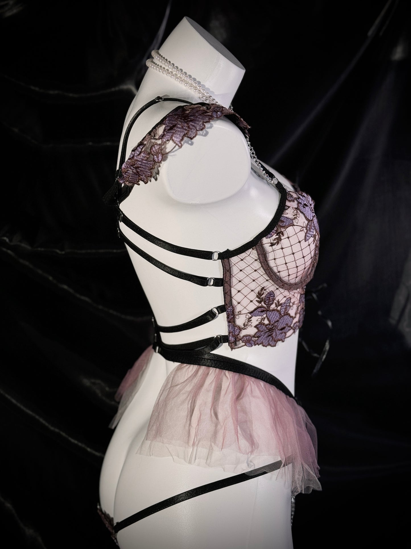 Purple Bouquet Embroidered Mesh Three-Piece Lingerie Set