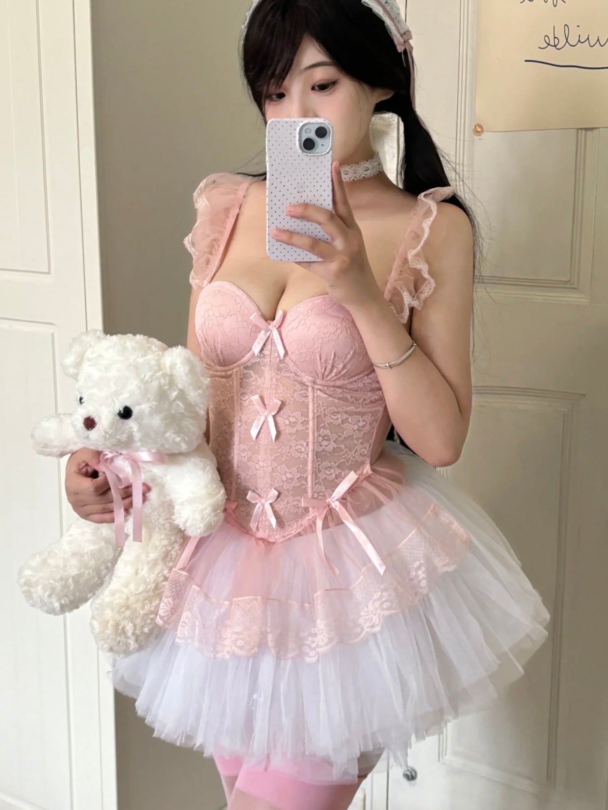 Princess Diary Ruffled Lace Bow Garter Corset Lingerie Set