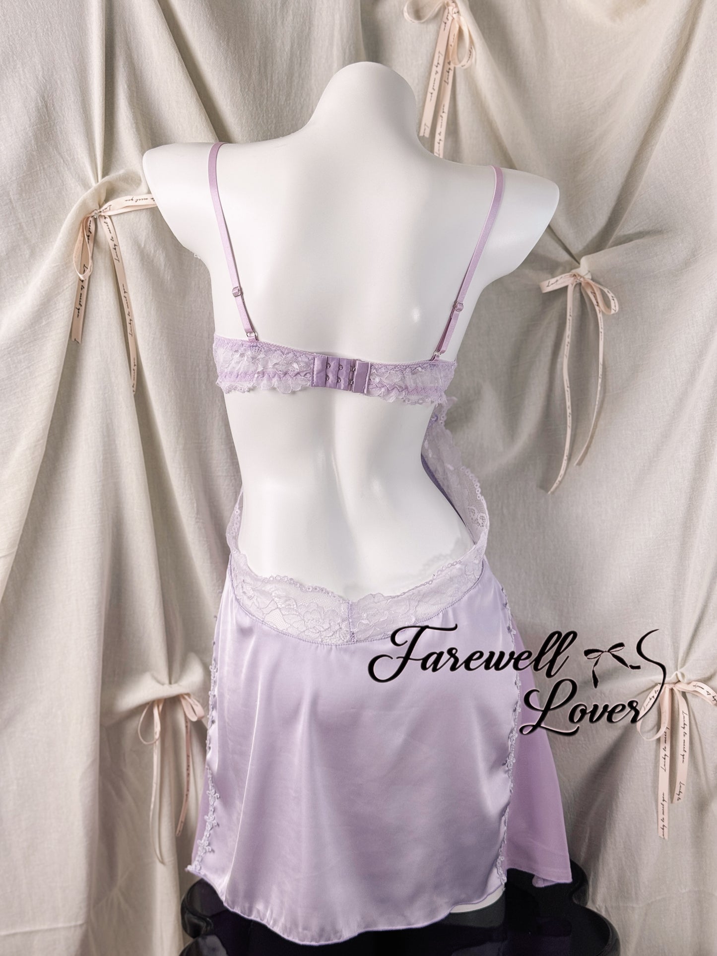 Moonlight Satin Bow Lace Padded Backless Slip Lingerie