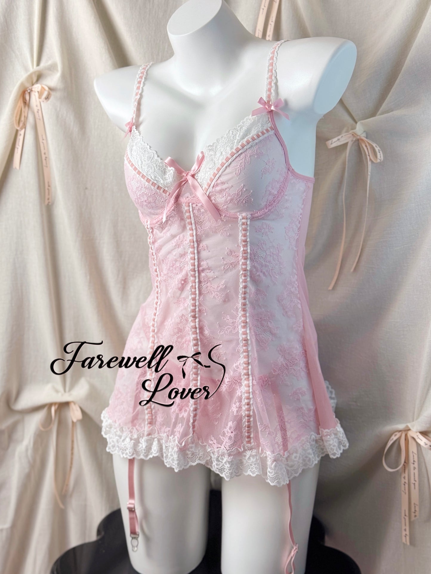 Coquette Love Lace Bow Underwired Gartered Slip Lingerie Set