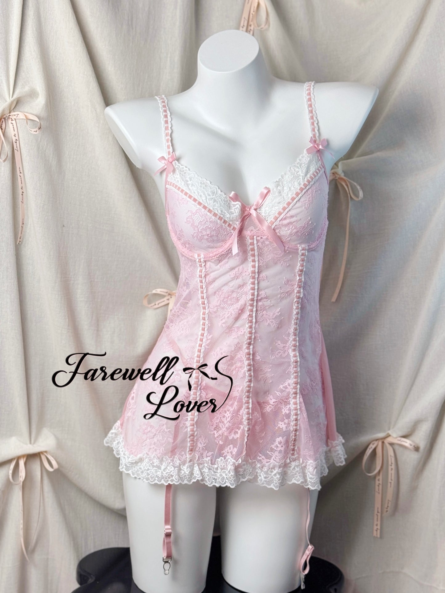 Coquette Love Lace Bow Underwired Gartered Slip Lingerie Set