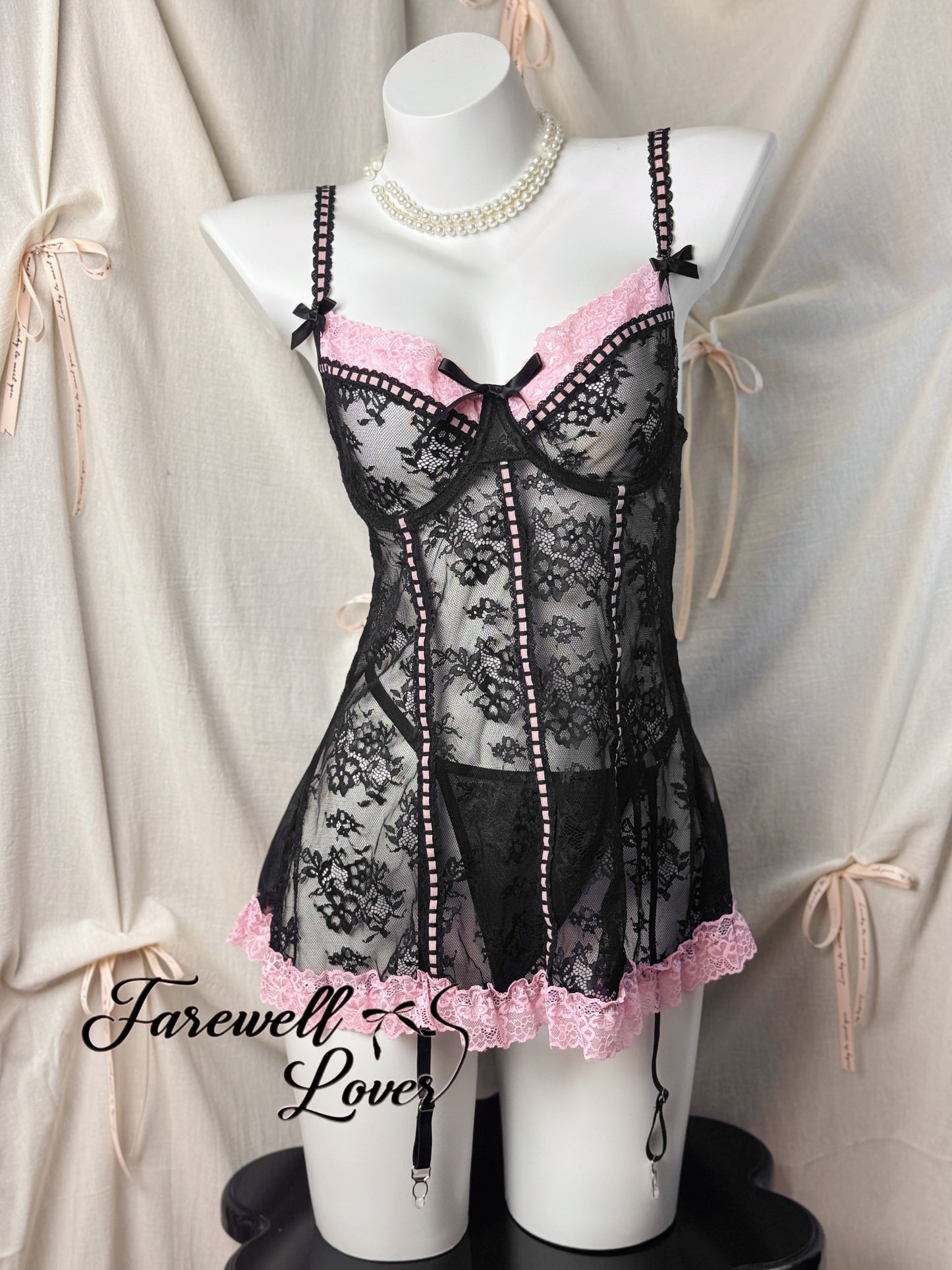 Coquette Love Lace Bow Underwired Gartered Slip Lingerie Set