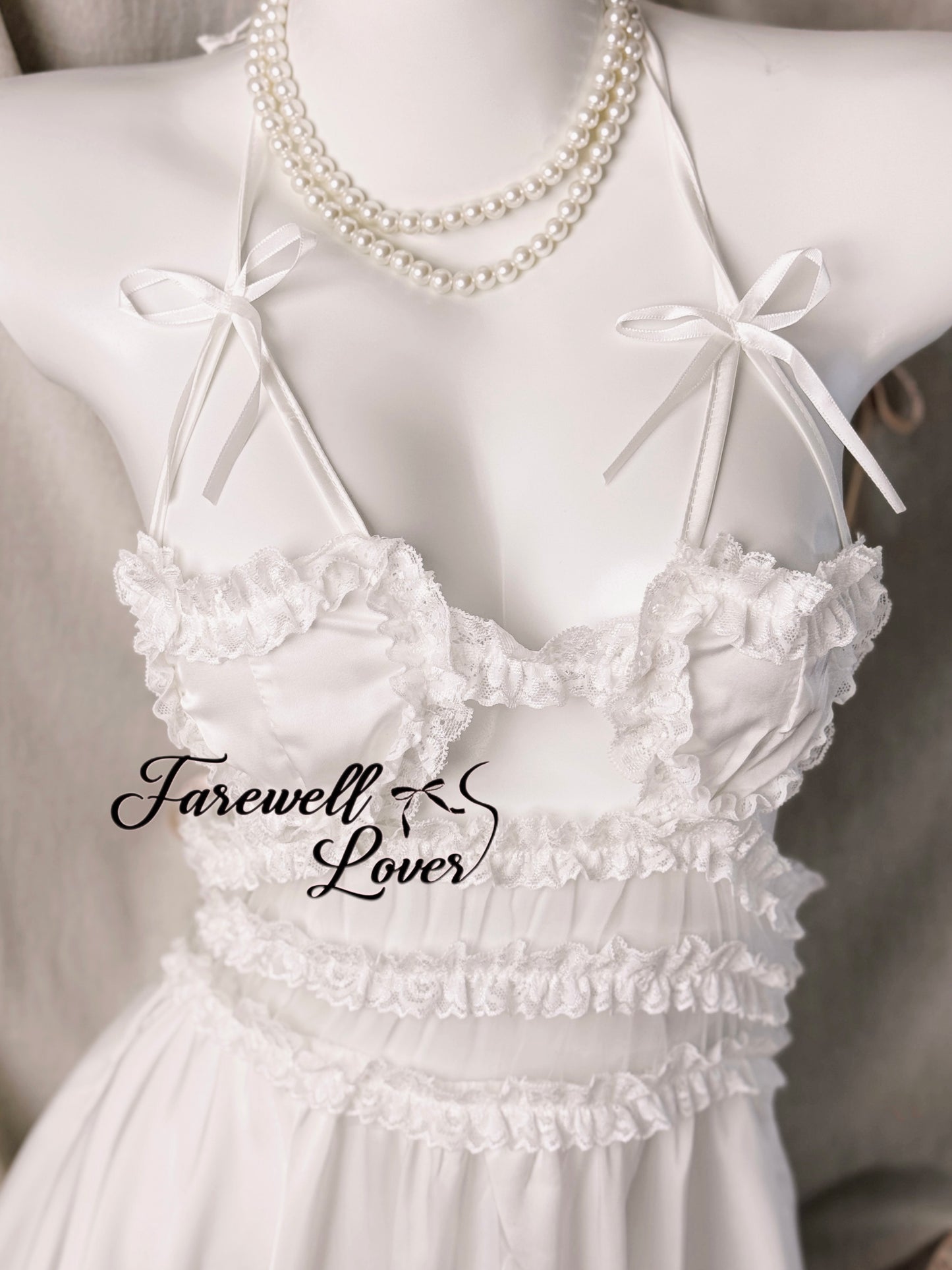 Marshmallow Heart Satin Lace Halter Babydoll Lingerie