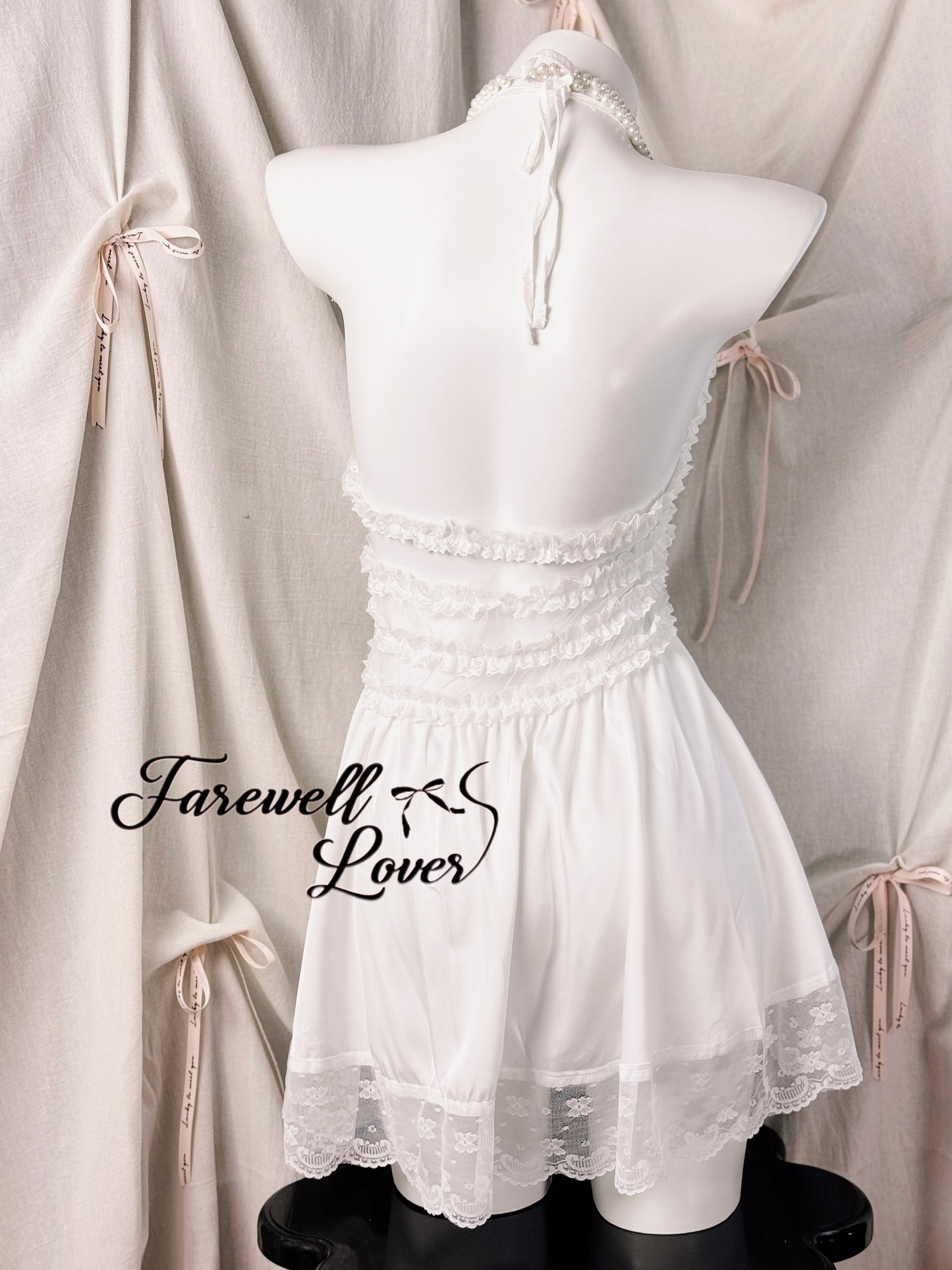 Marshmallow Heart Satin Lace Halter Babydoll Lingerie