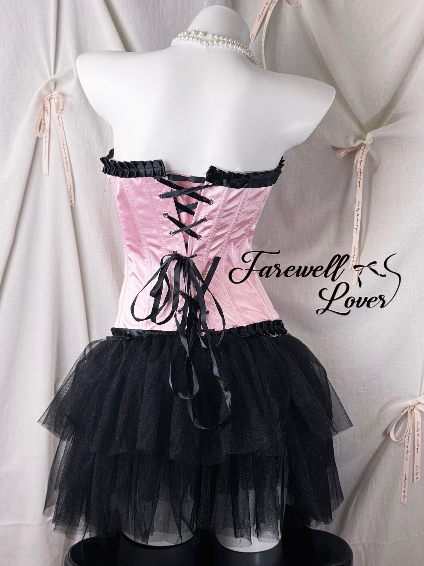 Barbie Girl Satin Ribbon Corset and Mesh Ruffle Layered Mini Skirt Set