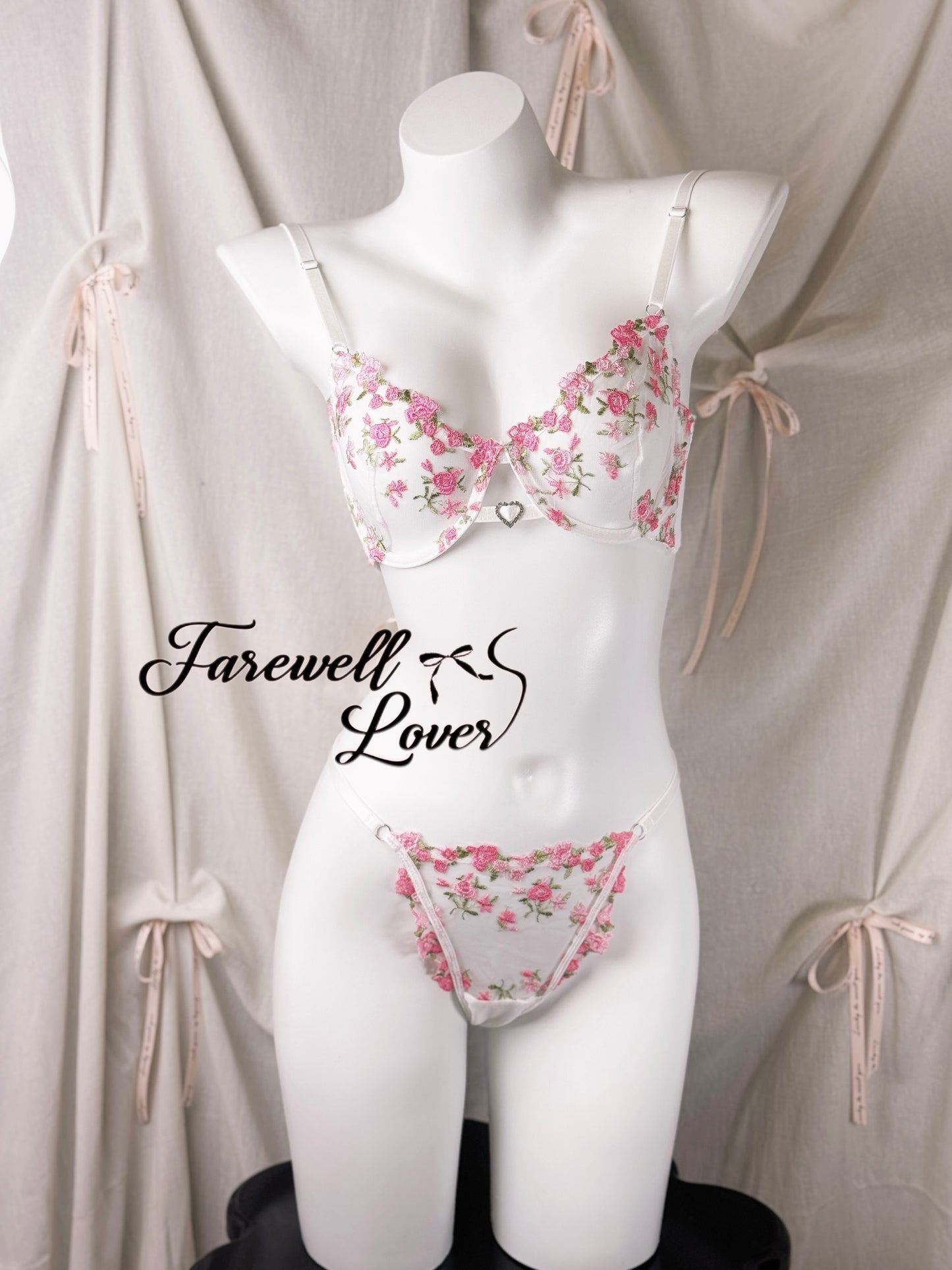 Cherry Blossom Mesh Embroidered Three-Piece Lingerie Set