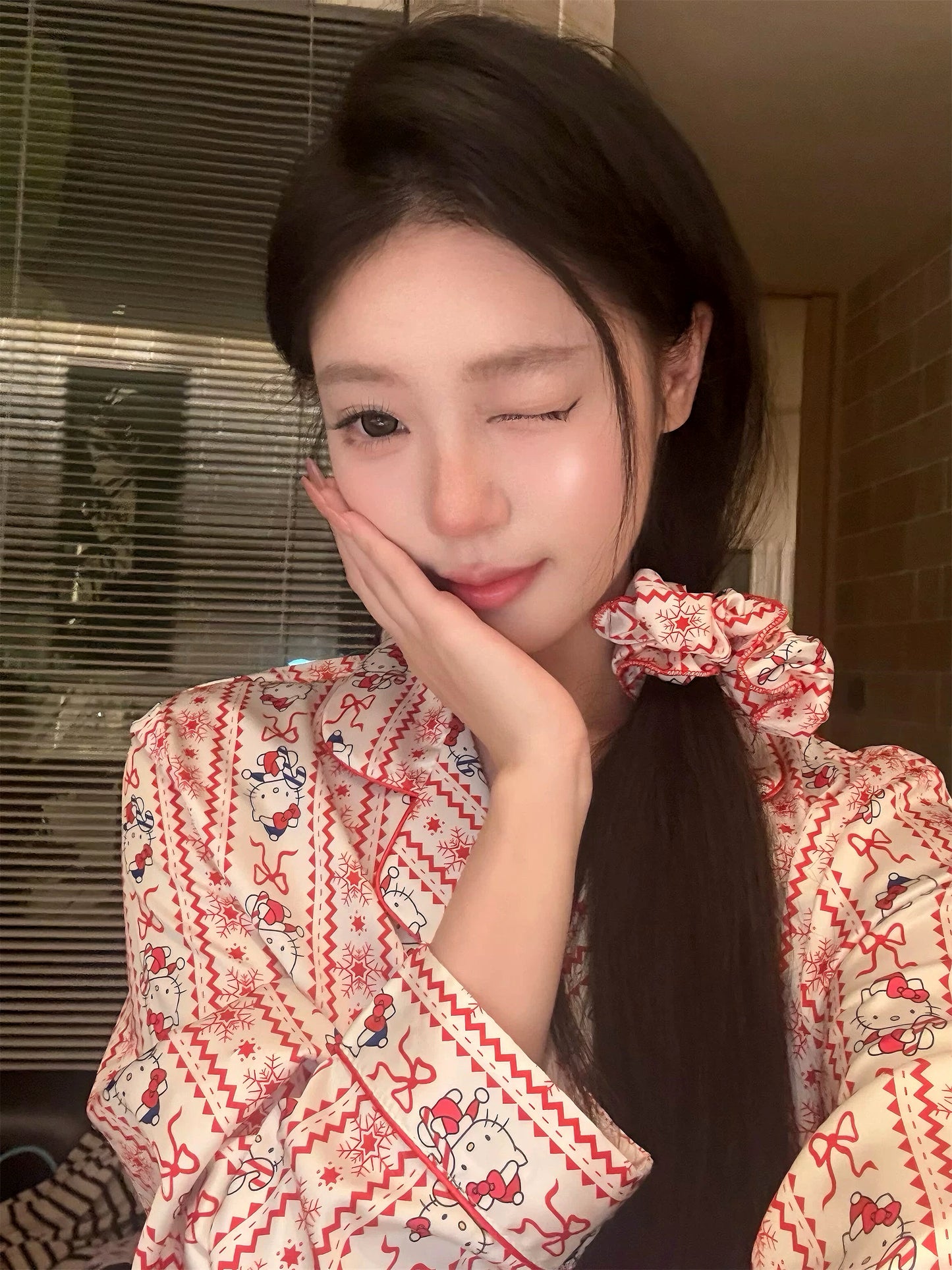 Hello Kitty Satin Long-sleeved Pajamas Set with Scrunchie