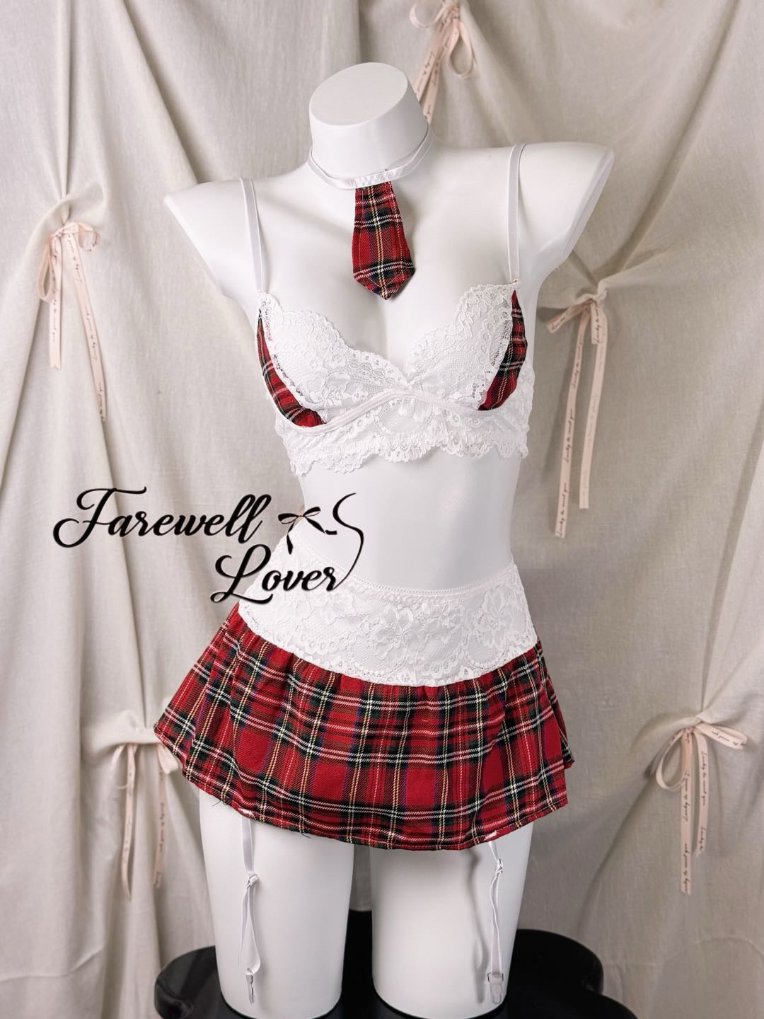 Plaid Floral Lace Bra and Mini Skirt Lingerie Set