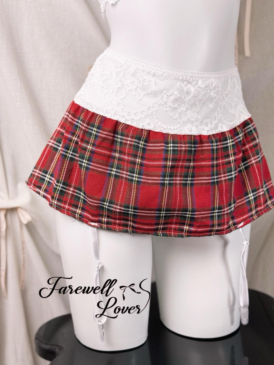 Plaid Floral Lace Bra and Mini Skirt Lingerie Set